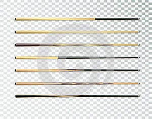 Cues for billiard, snooker realistic templates. Wooden sticks with various design for cuesports. Vector