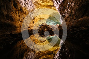 Cueva de los Verdes, Water optical illusion reflection, an amazing lava tube and tourist attraction on Lanzarote, Canary