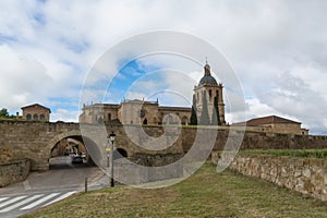 Majestic front view at the fortress gate and iconic spanish Romanesque architecture building at the Cuidad Rodrigo cathedral, photo