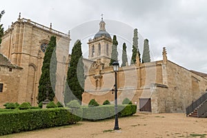 Majestic front view at the iconic spanish gothic building at the Cuidad Rodrigo cathedral, towers and domes, downtown city photo