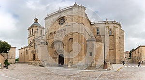 Majestic front view at the iconic spanish Romanesque architecture building at the Cuidad Rodrigo cathedral, towers and domes, photo