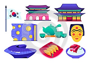 Cuisine and architecture of Korea - flat design style objects set