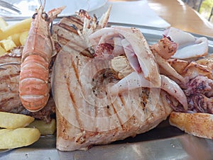 Cuisine in Croatia Seafood Plate Tuna Fish Aquid Shrimps