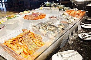 Cuisine seafood line at food buffet