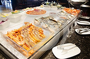 Cuisine seafood line at food buffet