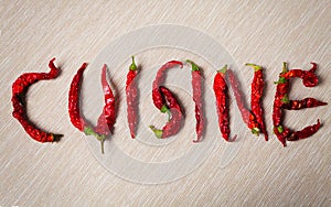 Cuisine. Word with dried red hot chili pepper