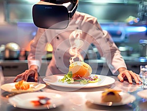 Culinary art presentation in a virtual reality setting blending fine dining with futuristic technology