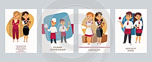 Culinary arts or hospitality school vector Illustration. Cards with hotel staff, meneger and assistant, chef and waiter