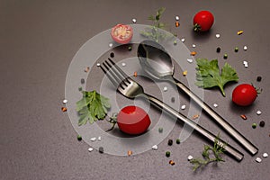 Culinary background. Cooking food concept. Cutlery, fresh vegetables, spices, herbs