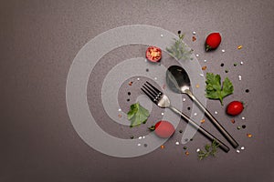 Culinary background. Cooking food concept. Cutlery, fresh vegetables, spices, herbs