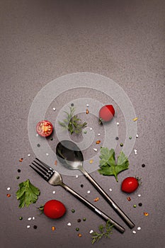 Culinary background. Cooking food concept. Cutlery, fresh vegetables, spices, herbs