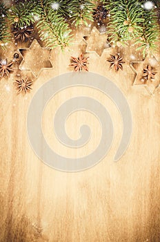 Culinary background. Cutters for cookie, anise and branch of Christmas tree.