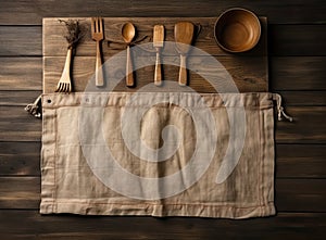 Culinary background, kitchen utensils and apron on kitchen countertop with blank space for any recipe or menu text