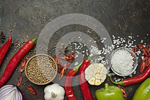 Culinary background for recipes. Frame of fresh vegetables and ingredients for cooking. Food background. Copy space. Table
