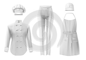 Culinary clothing white hat shirt apron pants icon set. Realistic white mockup. Professional suit clothes for cooks