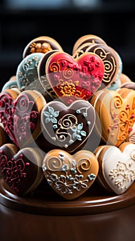 Culinary craftsmanship Glazed heart shaped cookies with floral patterns showcased on a wooden stand photo