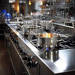 Culinary craftsmanship Restaurant kitchen stove adorned with stainless steel pots