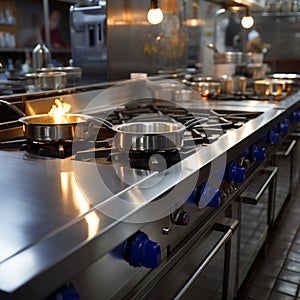 Culinary craftsmanship Restaurant kitchen stove adorned with stainless steel pots
