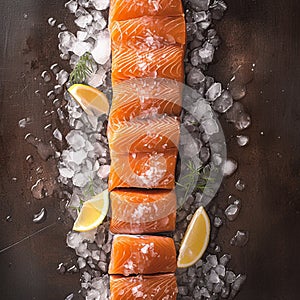 Culinary elegance Portioned salmon fillets on ice with an empty board