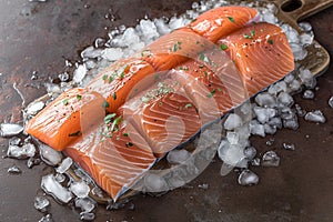 Culinary elegance Portioned salmon fillets on ice with an empty board