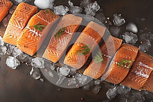 Culinary elegance Portioned salmon fillets on ice with an empty board