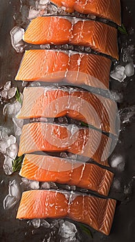 Culinary elegance Salmon fillets portioned on ice, clean kitchen board