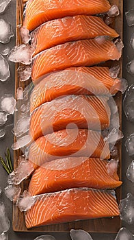 Culinary elegance Salmon fillets portioned on ice, clean kitchen board