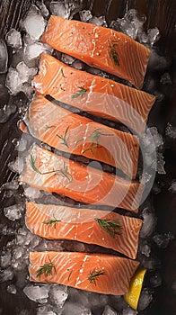 Culinary elegance Salmon fillets portioned on ice, clean kitchen board