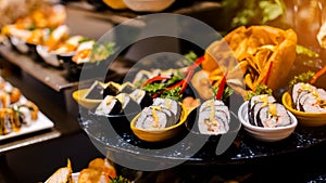 Culinary event. Food background, close-up. Catering buffet food in hotel restaurant. Fresh, celebration.