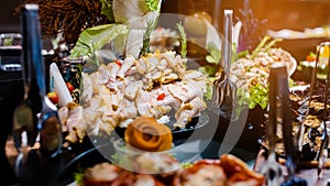 Culinary event. Food background, close-up. Catering buffet food in hotel restaurant. Fresh, celebration.