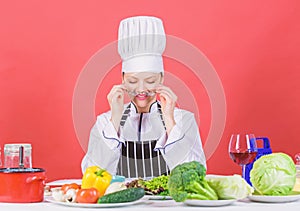 Culinary expert. Woman chef cooking healthy food. Fresh vegetables ingredients for cooking meal. Culinary school concept