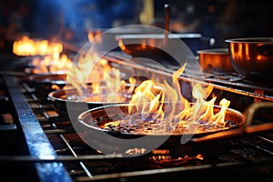 Culinary fire, blue and yellow flames from kitchen stove