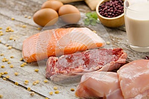 Rich Nutrient food of fish, meat, eggs and milk photo