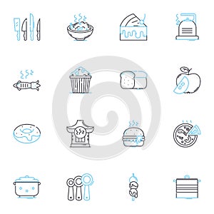 Culinary Gastronomy linear icons set. Umami, Fusion, Gourmet, Artisan, Flavorful, Sustainable, Delicacy line vector and