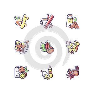 Culinary herbs and spices RGB color icons set