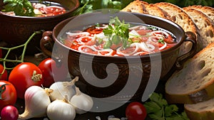 Culinary Heritage Food Ukrainian Borscht with Bread and Garden Veggies