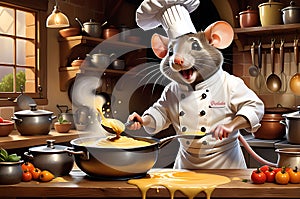 Culinary Maestro: Rat Dressed in a Professional Chef\'s Uniform Whisking a Bowl on a Wooden Kitchen Bench photo