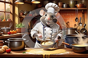 Culinary Maestro: Rat Dressed in a Professional Chef\'s Uniform Whisking a Bowl on a Wooden Kitchen Bench photo
