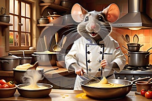 Culinary Maestro: Rat Dressed in a Professional Chef\'s Uniform Whisking a Bowl on a Wooden Kitchen Bench photo