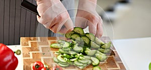 Culinary Male Chopping Green Dieting Cucumber photo