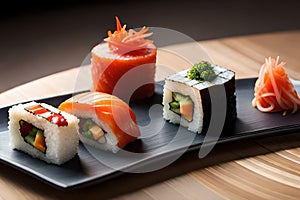 A Culinary Masterpiece: Close-Up Capture of Colorful Sushi Platter in Food Photography with Generative AI