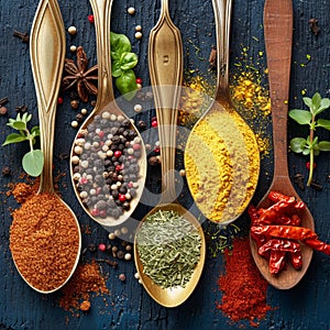 Culinary medley Milled spices on golden spoons, top view