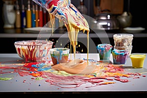 Culinary mishaps, spilled pie batter, creatively fused ingredients, kitchen accidents photo