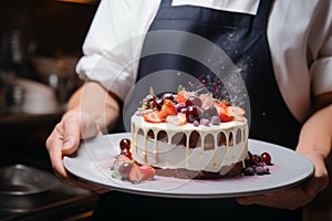 Culinary opulence expertly crafted mousse cake in the chefs hands