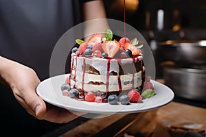 Culinary opulence expertly crafted mousse cake in the chefs hands