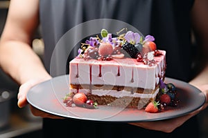 Culinary opulence expertly crafted mousse cake in the chefs hands