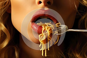 Culinary pleasure: woman\'s mouth savors Italian spaghetti photo