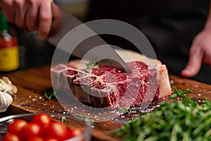 Culinary precision Chef expertly cutting a large piece of beef