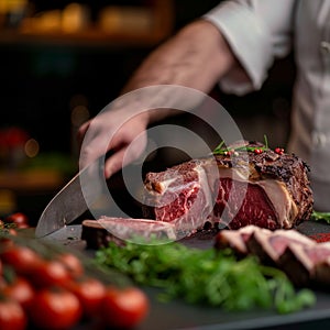 Culinary precision Chef expertly cutting a large piece of beef