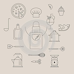 Culinary products, and kitchen outlines icon set over beige background